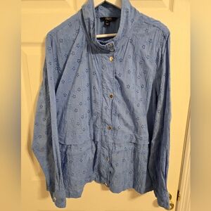 Dennis Basso Light Blue Cotton Eyelet Anorak Jacket Button Front Size XL